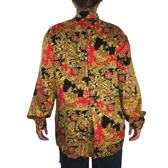 Tess Vintage Blouse Gold Black and Red Regal Button Down Blouse Large Gaudy Glam - Picture 5 of 5